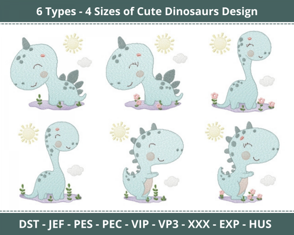 Cute Dinosaurs Machine Embroidery Designs-6 Types-4 Sizes-instant download