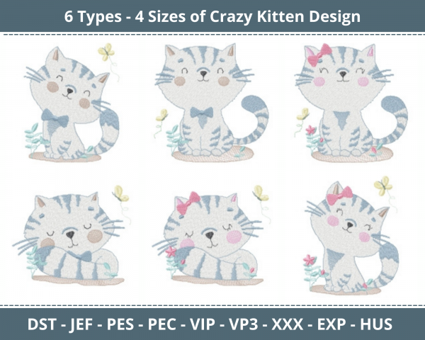 Crazy Kitten Machine Embroidery Designs-6 Types-4 Sizes-instant download