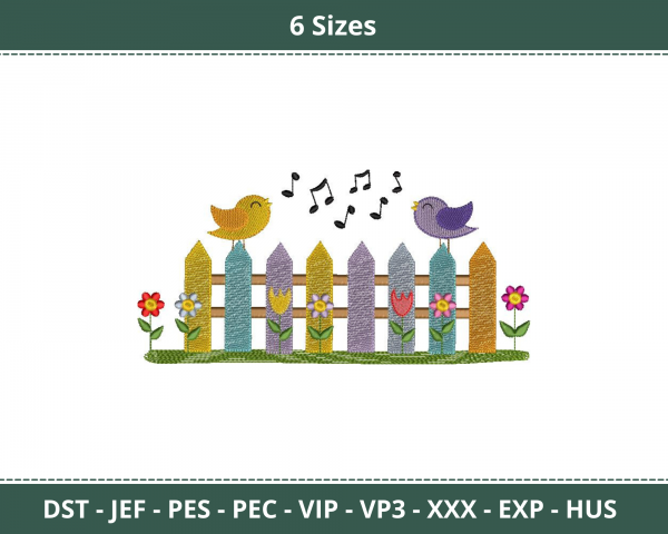 Colourful Fence And Birds Machine Embroidery Designs-6 Sizes-instant download