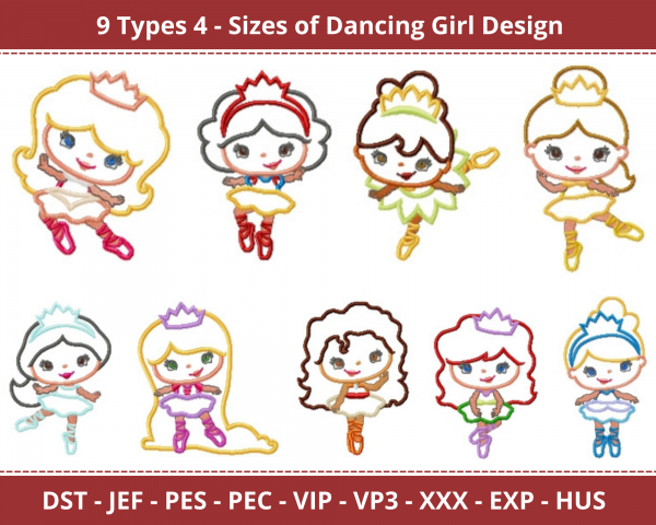 Dancing Girl Machine Embroidery Designs-9 Types - 4 Sizes-instant download