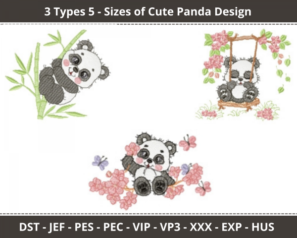 Cute Panda Machine Embroidery Designs-3 Types - 5 Sizes-instant download