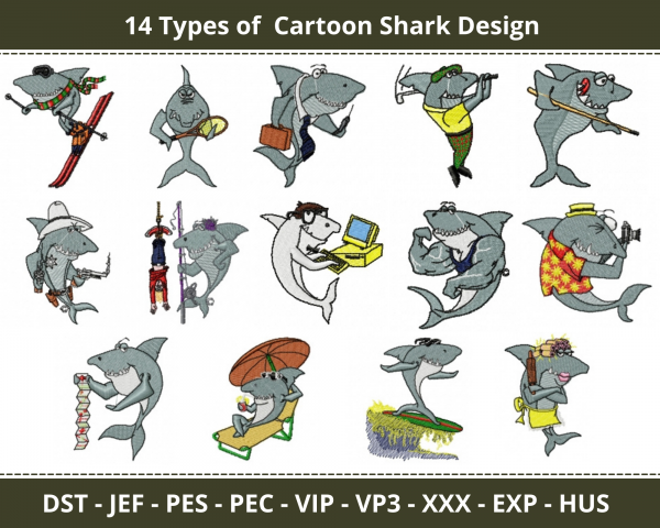 Cartoon Shark Machine Embroidery Designs-14 Types 1 - Size-instant download