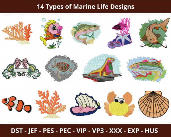 Marine Life  Machine Embroidery Designs-14 Types 1 - Size-instant download