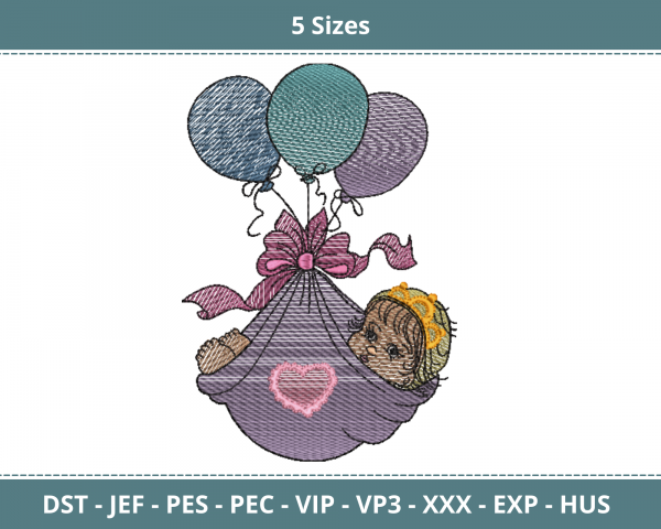 Cute Baby And Balloon Machine Embroidery Designs-5 Sizes-instant download
