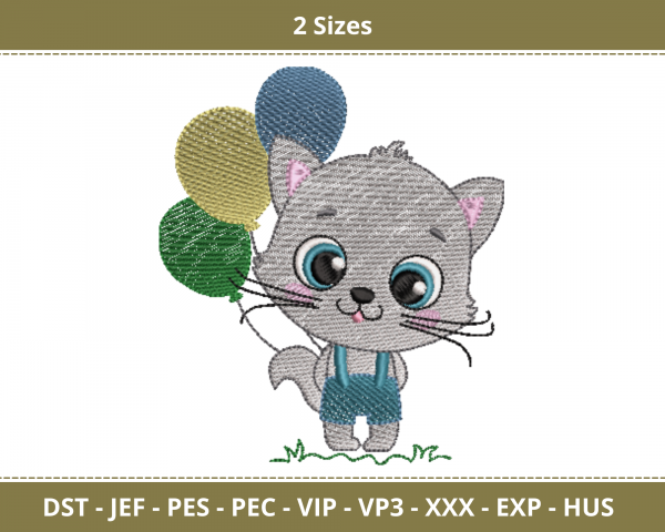 Cute Baby Cat With balloons Machine Embroidery Designs-2 Size-instant download
