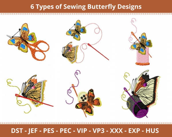 Sewing Butterfly  Machine Embroidery Designs-6 Types 1 - Sizes-instant download