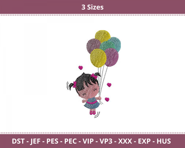 Cute Girl And Balloon Machine Embroidery Designs-3 Sizes-instant download