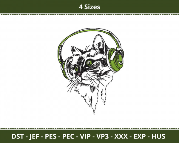 Cat With Headphones Machine Embroidery Designs-4 Sizes-instant download
