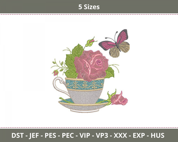 Tea Cups With Butterfly Machine Embroidery Designs-5 Sizes-instant download