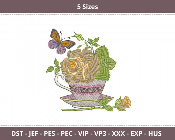 Tea Cups With Flower Machine Embroidery Designs-5 Sizes-instant download
