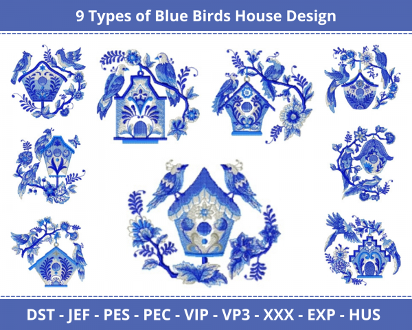 Blue Birds House Machine Embroidery Design