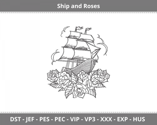 Ship And Roses Machine Embroidery Design