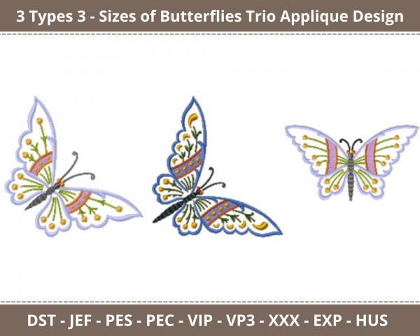 Butterflies Trio Applique Machine Embroidery Designs-3 Types 3 - Sizes-instant download