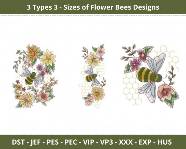 Flower Bees Machine Embroidery Designs-3 Types 3 - Sizes-instant download