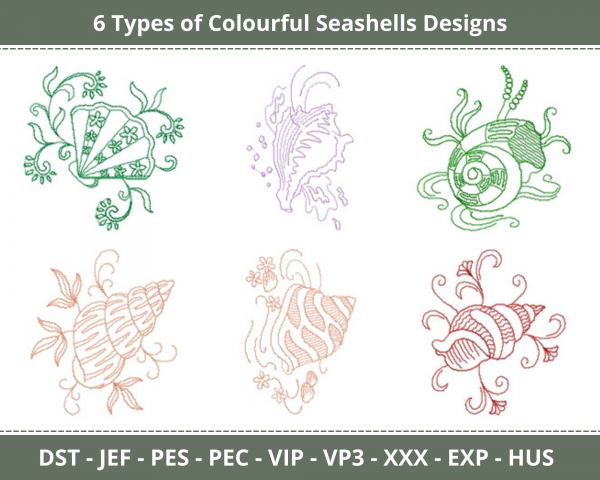 Colourful Seashells Machine Embroidery Designs-6 Types 1 - Size-instant download