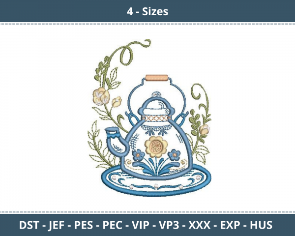 Elegant Tea Pot Machine Embroidery Designs-4 Sizes-instant download