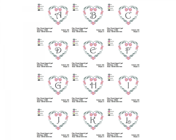 Floral Heart Alphabet Machine Embroidery Designs-1 Size-instant download