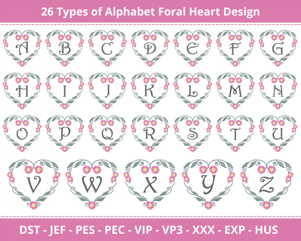 Floral Heart Alphabet Machine Embroidery Design