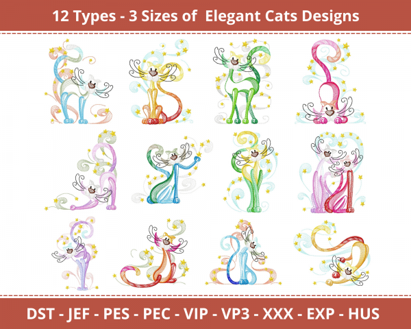 Elegant Cats Machine Embroidery Designs-3 Size-instant download