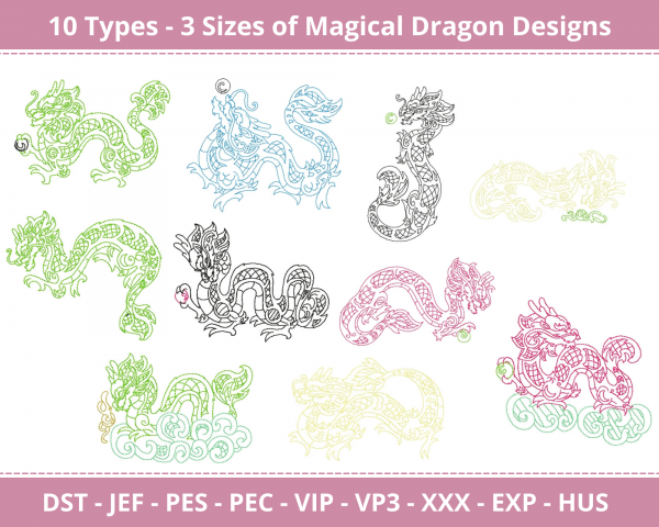 Magical Dragon Machine Embroidery Designs-3 Size-instant download