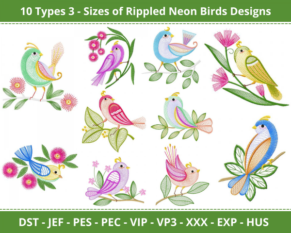 Rippled Neon Birds Machine Embroidery Design