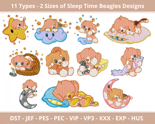 Sleep Time Beagles Machine Embroidery Designs-2 Size-instant download