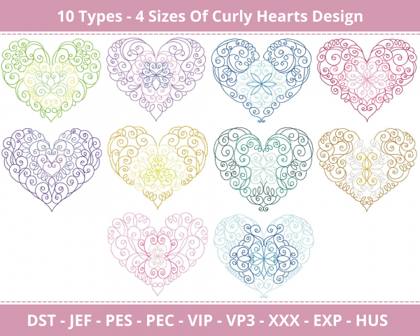 Curly Hearts Machine Embroidery Designs-4 Size-instant download