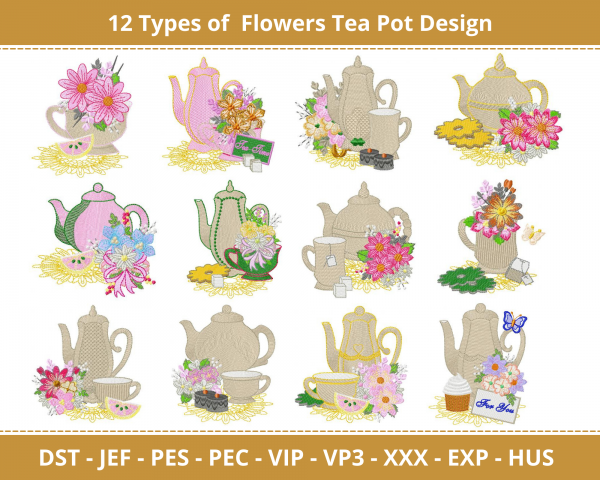 Flowers Tea Pot Machine Embroidery Design