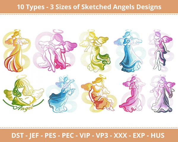Sketched Angels Machine Embroidery Designs-3 Size-instant download