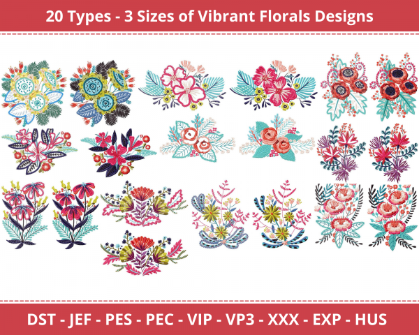 Vibrant Floral Machine Embroidery Designs-3 Size-instant download