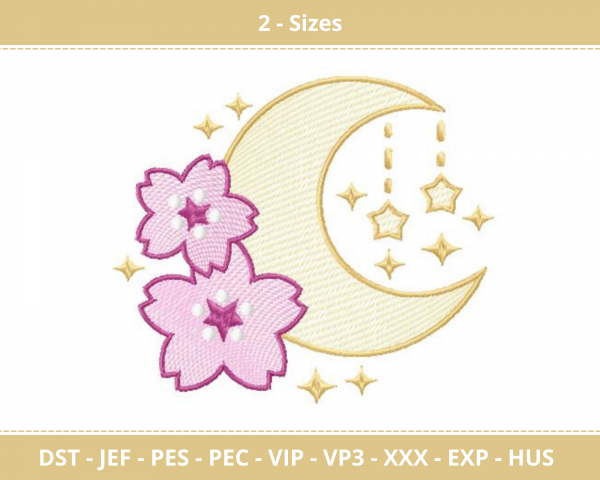 Cute Moon With Pink Sakura Flower Machine Embroidery Design