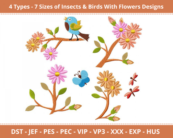 Insect & Bird With Flowers Machine Embroidery Design