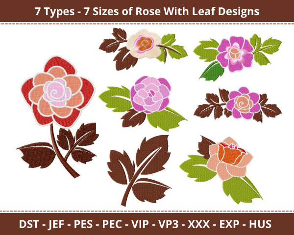 Rose With Leaf Machine Embroidery Designs-7 Size-instant download
