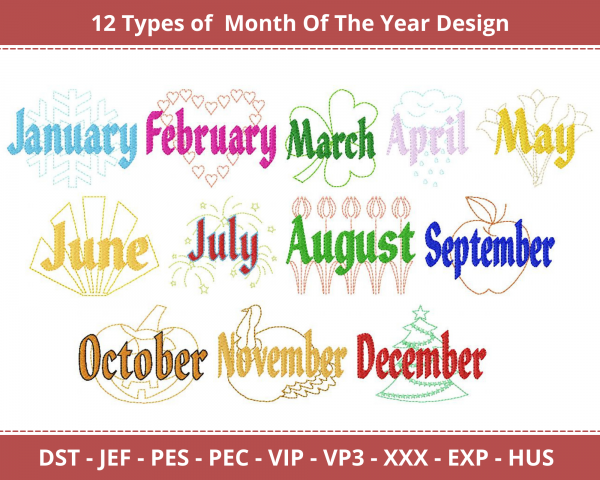 Month Of The Year Machine Embroidery Designs-1 Size-instant download
