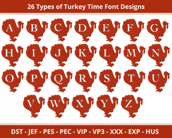 Turkey Time Alphabet Machine Embroidery Designs-1 Size-instant download