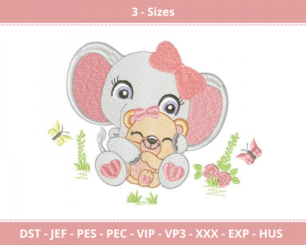 Cute Elephant Hugging Little Bear Machine Embroidery Design