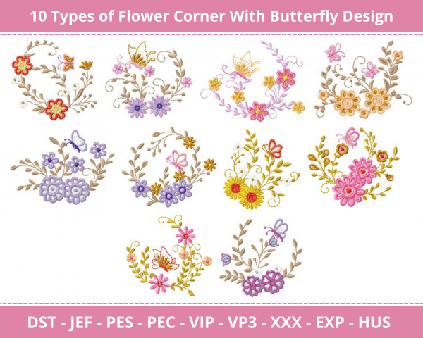 Flower Corner With Butterfly Machine Embroidery Design