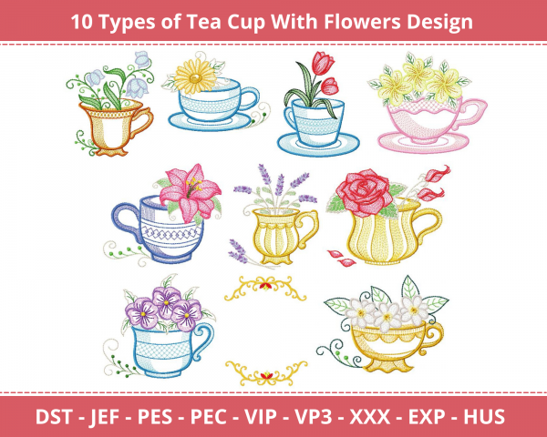 Tea Cup With Flowers Machine Embroidery Design