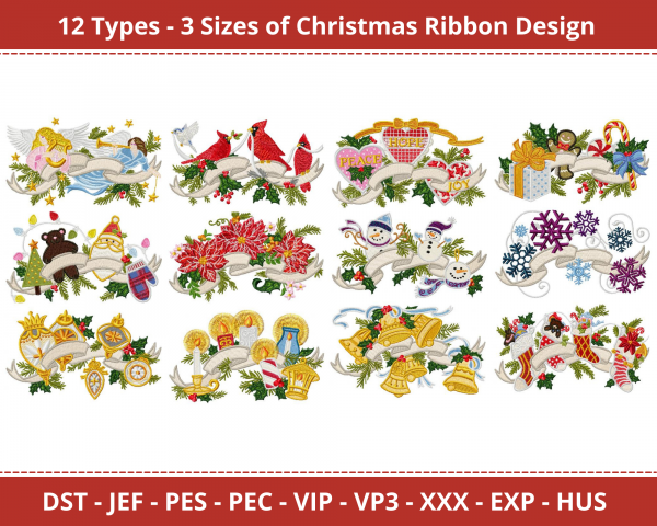 Christmas Ribbons Machine Embroidery Designs-3 Sizes-instant download