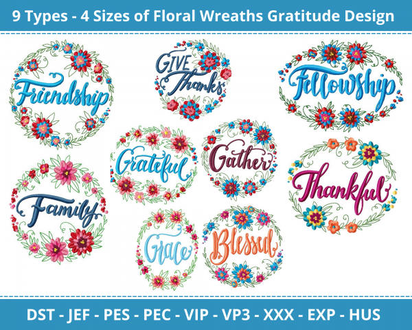 Floral Wreaths Gratitude Machine Embroidery Design