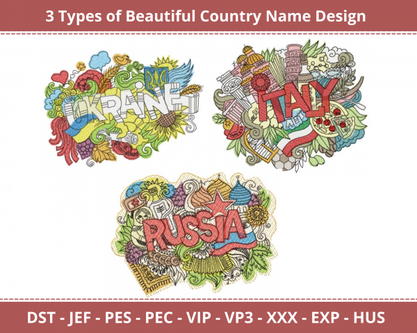 Beautiful Country Name Machine Embroidery Designs-1 Size-instant download