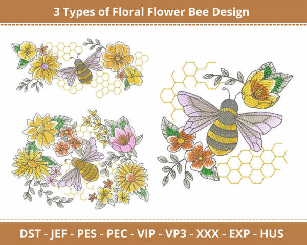 Floral Flower Bee Machine Embroidery Design