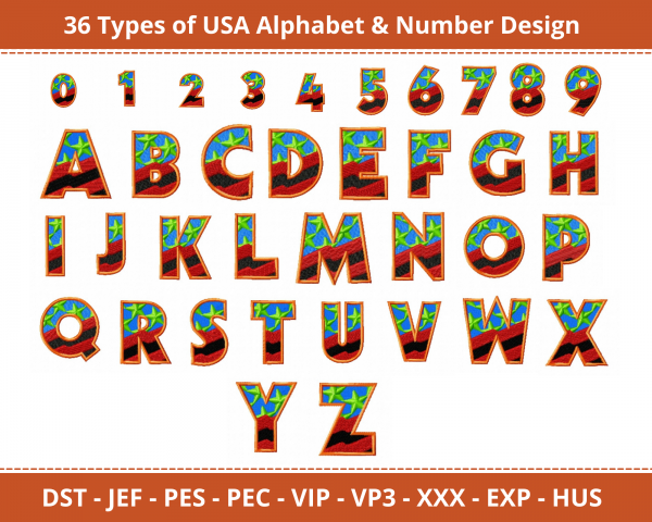 USA Alphabet & Number Machine Embroidery Design
