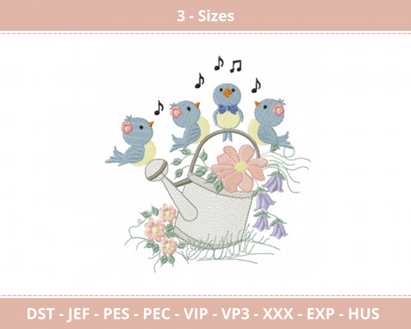 Watering Can With Birds  Machine Embroidery Designs-3 Sizes-instant download