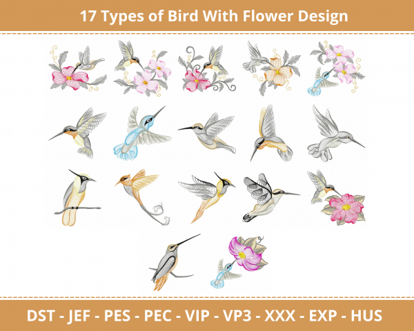 Bird With Flower Machine Embroidery Design