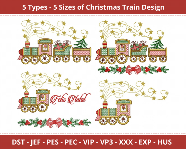 Christmas Gift Train Machine Embroidery Designs-5 Size-instant download