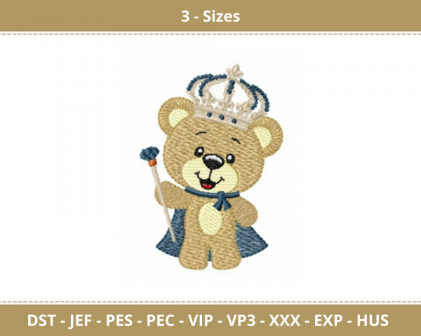 Cute King Teddy Bear Machine Embroidery Designs-3 Size-instant download