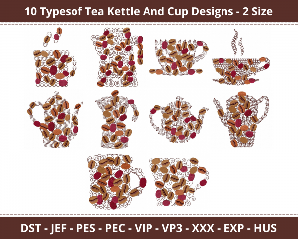 Tea Kettle And Cup Machine Embroidery Designs-2 Size-instant download
