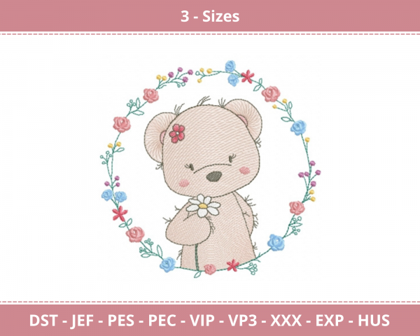 Teddy Bear With Round Frame Machine Embroidery Designs-3 Size-instant download