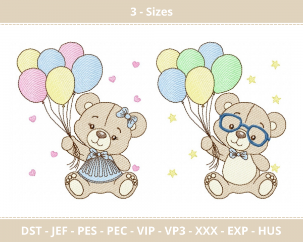 Balloons With Bear Machine Embroidery Designs-3 Size-instant download
